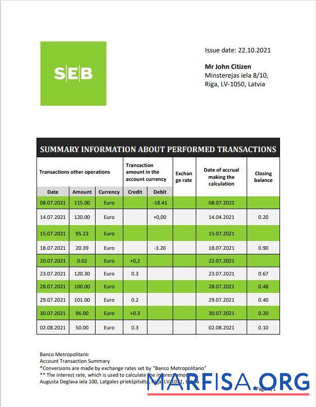 Printable Latvia SEB bank statement word.1 sample